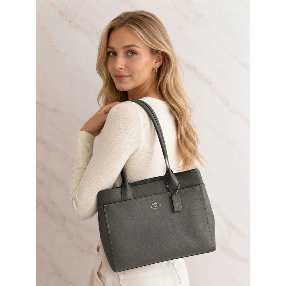 COACH Casey F31474 Tote Bag Purse Gray Durable Crossgrain Leather Large Logo